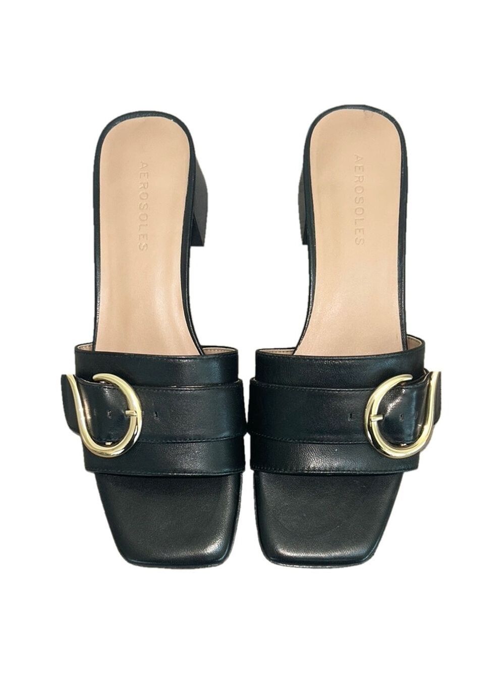 Aerosols: Black and Gold Mules with Gold Buckle: Size 8